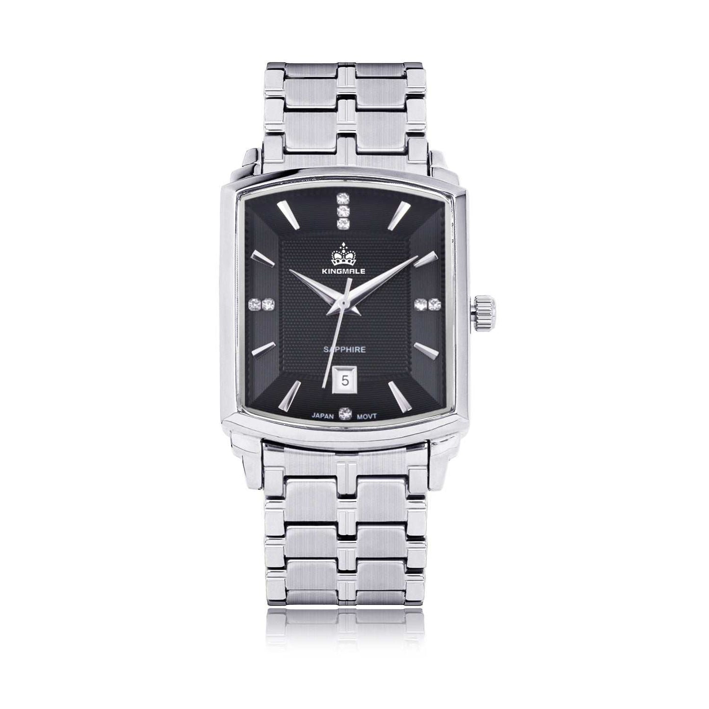 Men's square waterproof quartz watch with black dial and silver metal band, modern and durable design