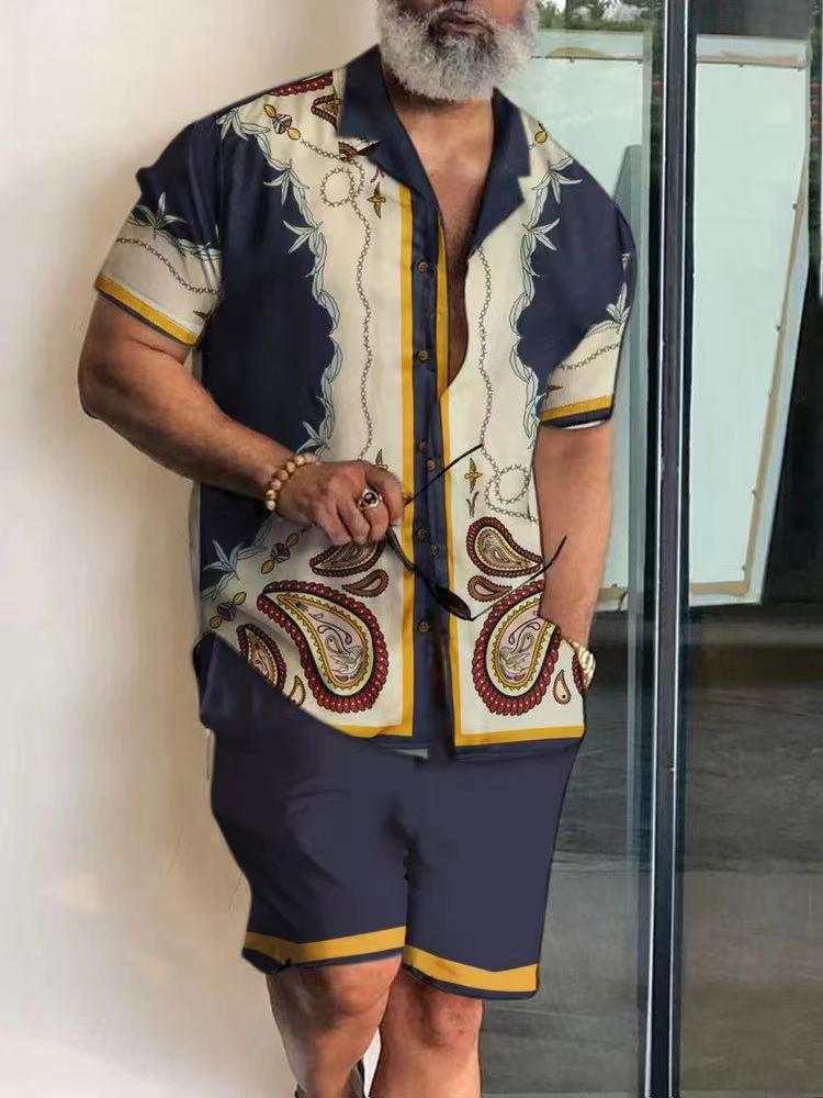 Short sleeve men's polo collar shirt suit with 3D floral print and matching shorts for casual summer wear