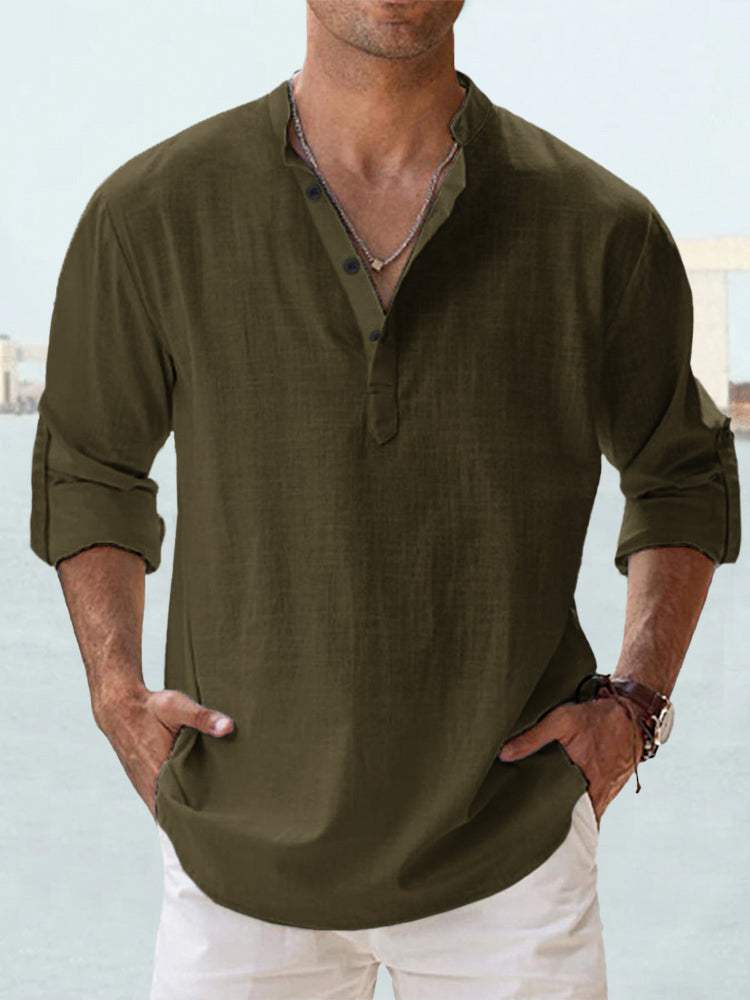 Men's linen stand-up collar long sleeve loose fit undershirt in olive green