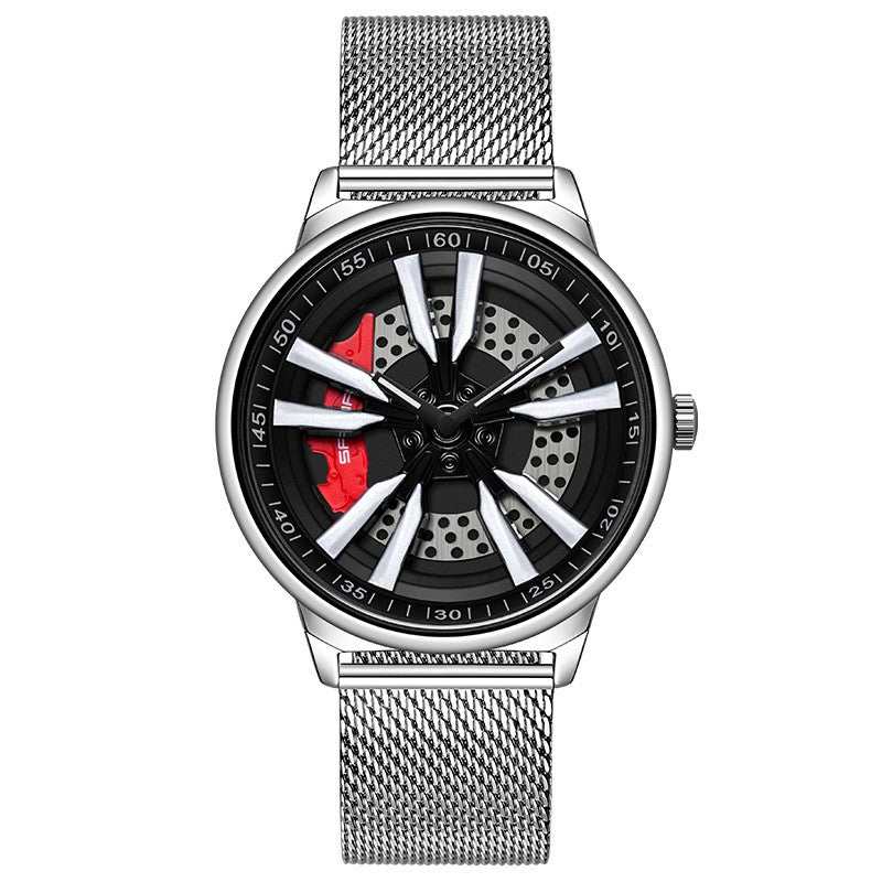 Mens Creative Cool Dial rotating wheel quartz watch with silver mesh band and black dial