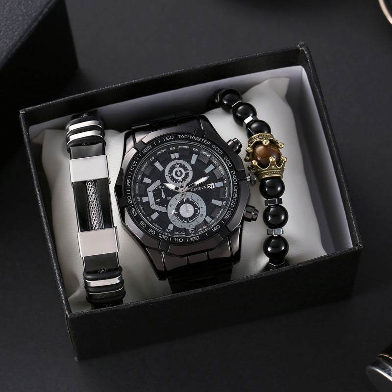 Black quartz watch with tachymeter dial and two stylish bracelets in gift box