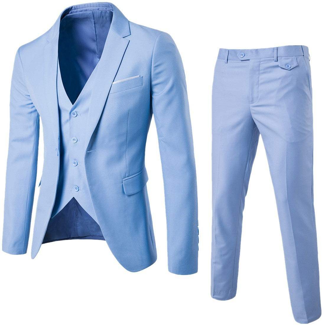 Light blue slim fit men's suit set with jacket, waistcoat, and trousers in breathable cotton inspired by Korean style