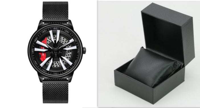 Mens Creative Cool Dial rotating wheel quartz watch with black mesh strap and modern design, shown with black presentation box.