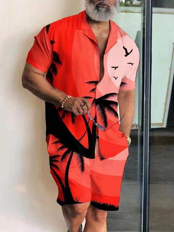 Short sleeve men's polo collar shirt and shorts set with vibrant 3D floral and sunset print