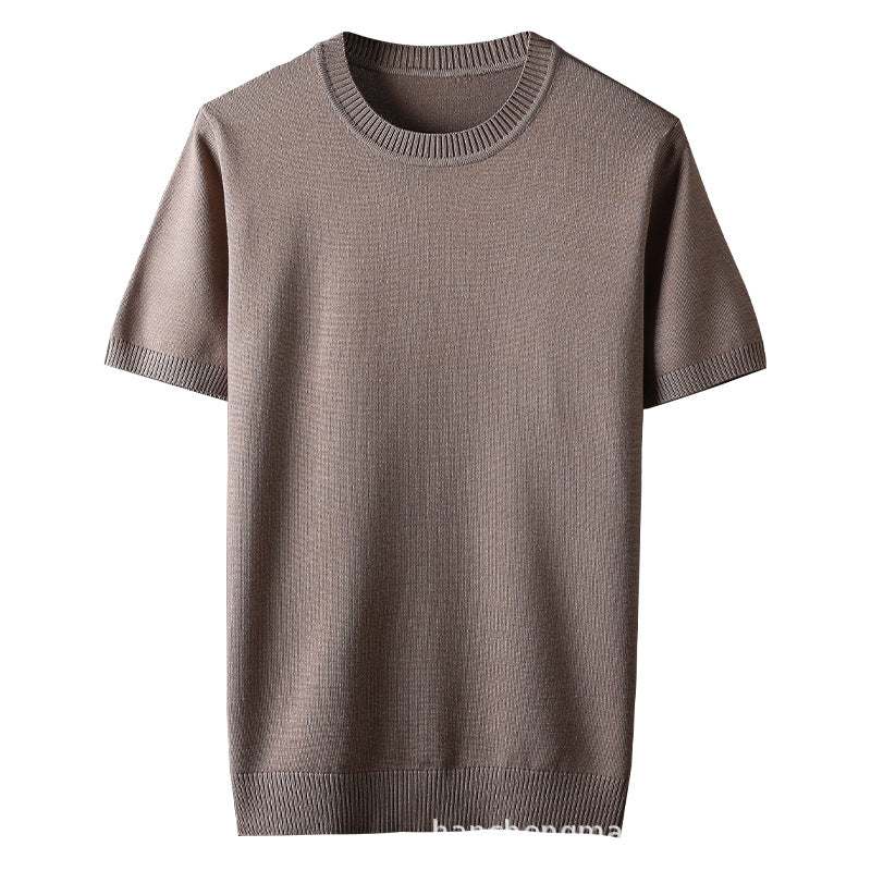 Half-sleeve men's solid color thick pullover sweater in brown, made of mercerized cotton and viscose blend.