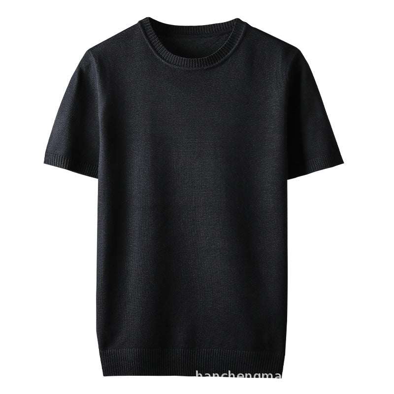 Half-sleeve men's solid color thick pullover sweater in black Mercerized cotton blend