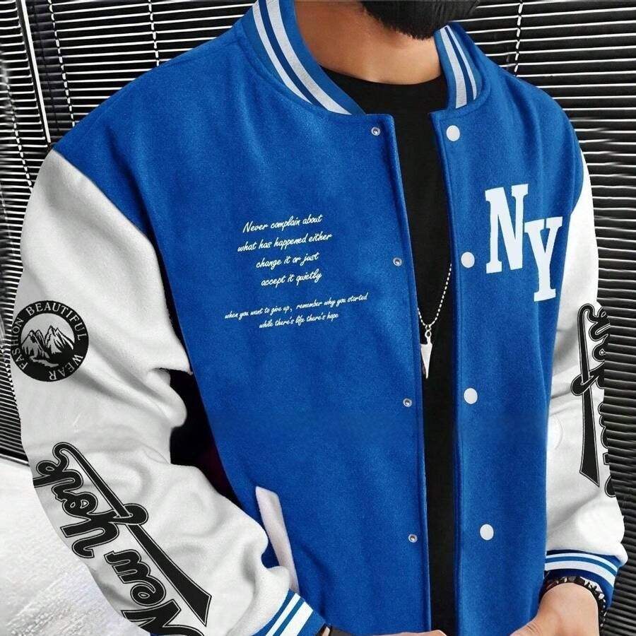 Blue and white baseball uniform jacket with NY lettering and graphic patches on sleeves, sporty ribbed collar and cuffs.