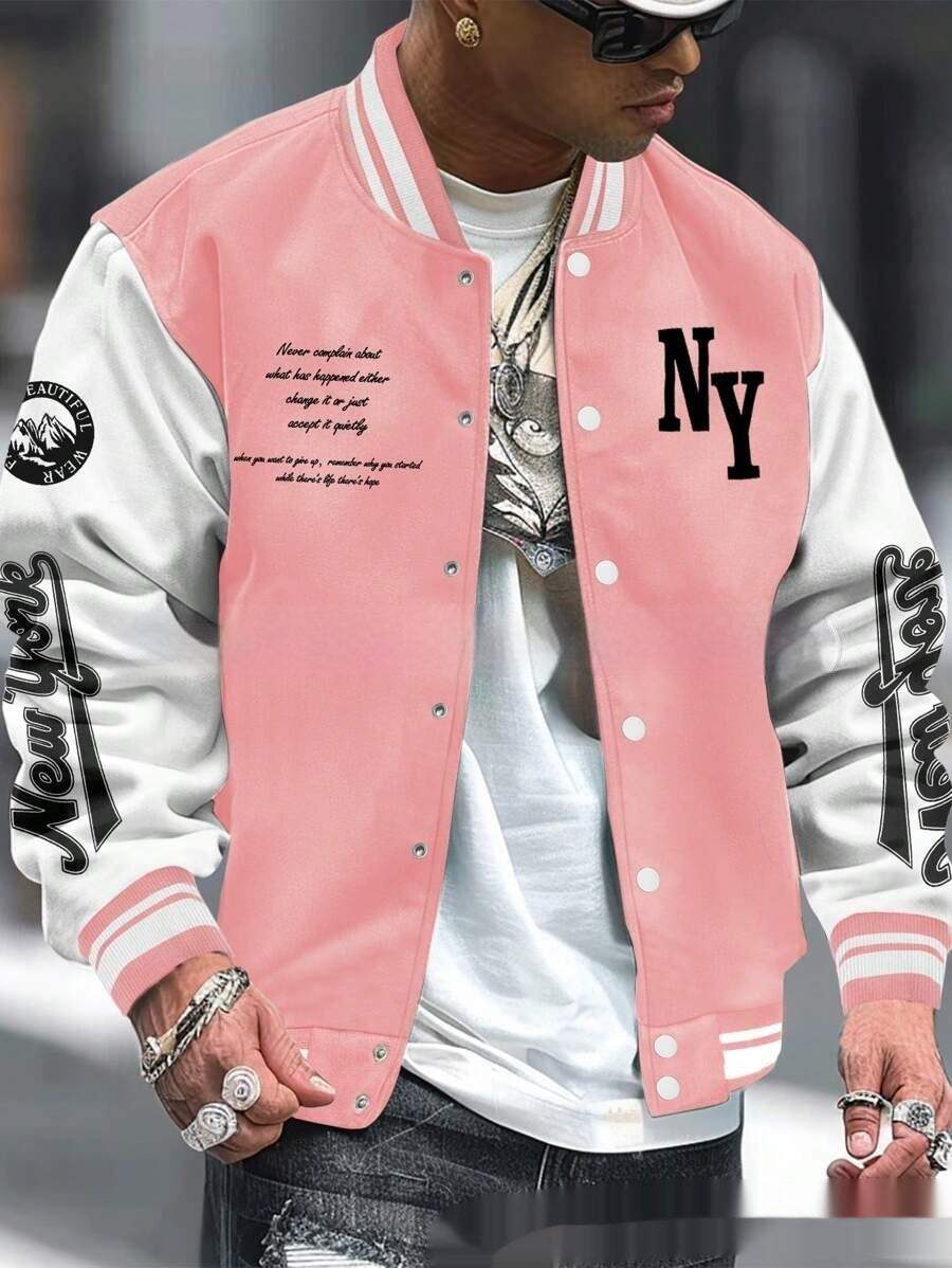 Pink and white baseball uniform jacket with NY and New York lettering, ribbed cuffs, and snap buttons, styled with casual streetwear.