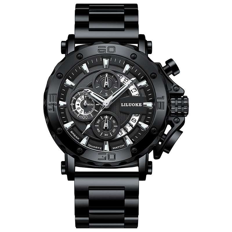 Black thick luminous waterproof men's quartz watch with bold dial and metal strap