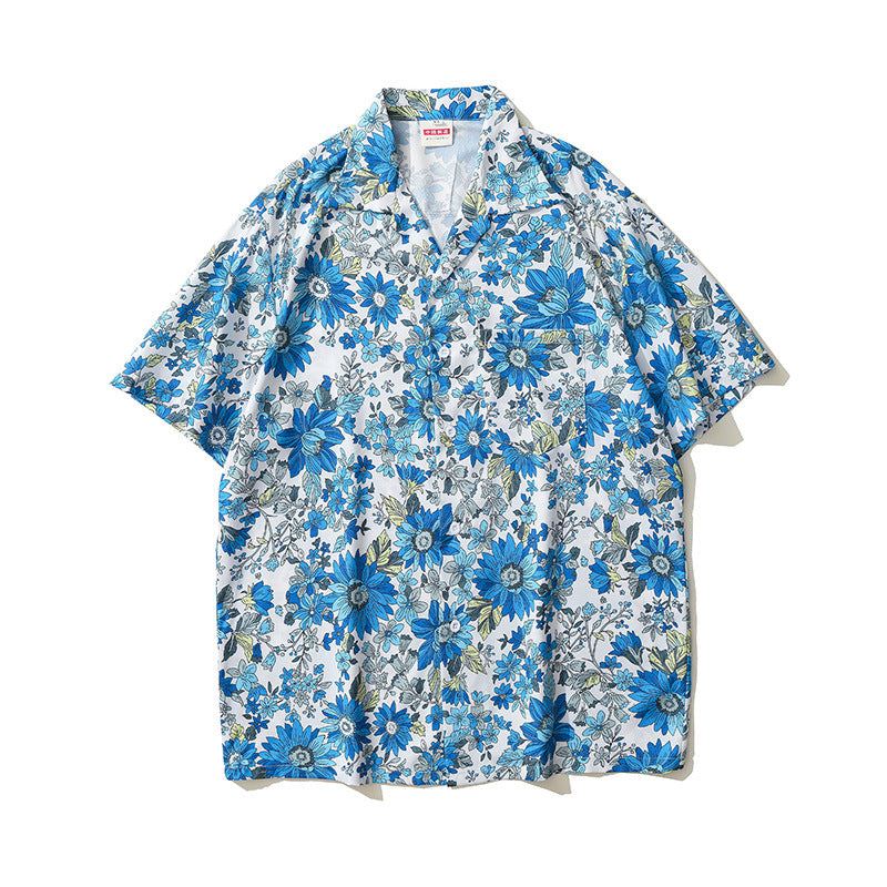 American Retro Classic Cuban bow tie shirt for men with blue floral print and wide Cuban collar