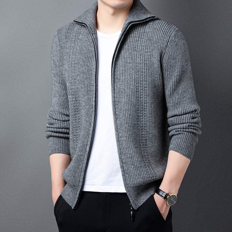 Men's gray outerwear casual sweater with zipper, lightweight and ribbed knit, perfect for spring and autumn layering.