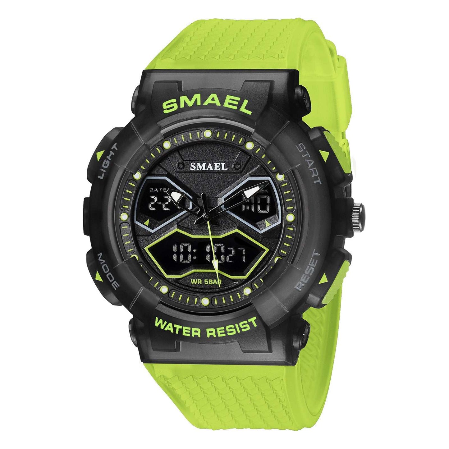 Double Display Digital men's electronic watch with black and neon green design, dual analog and digital time display, water resistant and multifunctional features