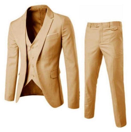 Slim fit two-piece men's suit set in beige cotton with Korean style tailoring