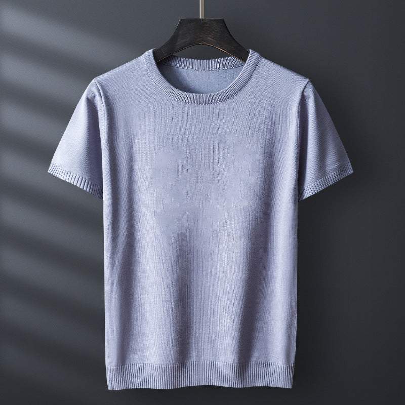 Half-sleeve men's solid color thick pullover sweater in light blue mercerized cotton and viscose blend