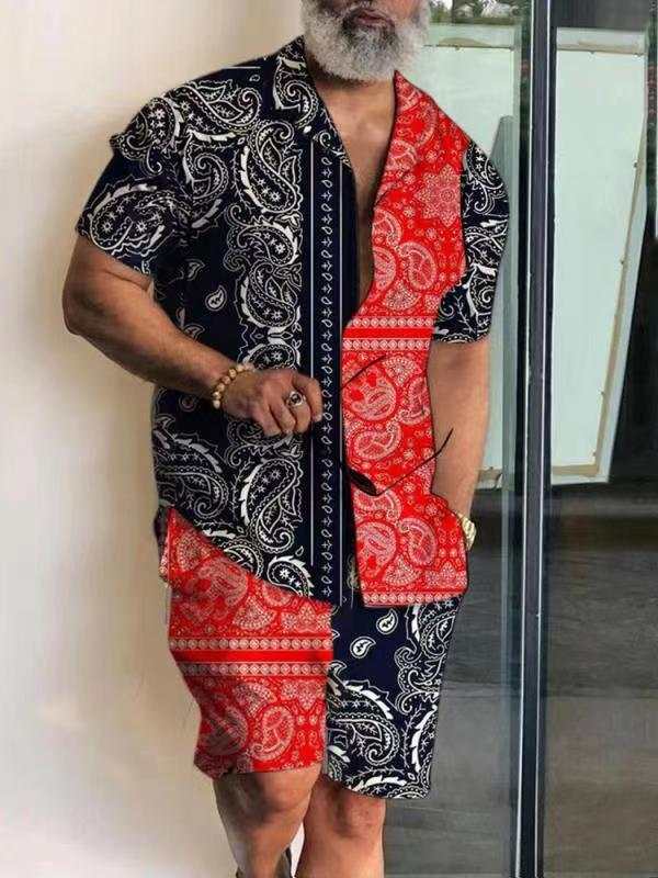 Short sleeve men's polo collar shirt and shorts set with bold paisley print in red and black.