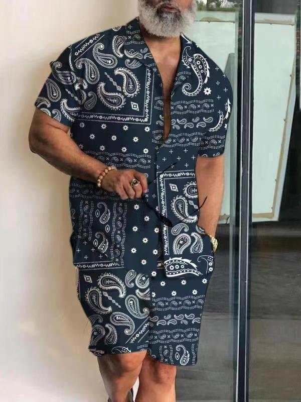 Short sleeve men's matching shirt and shorts set with navy blue paisley print and button-up front