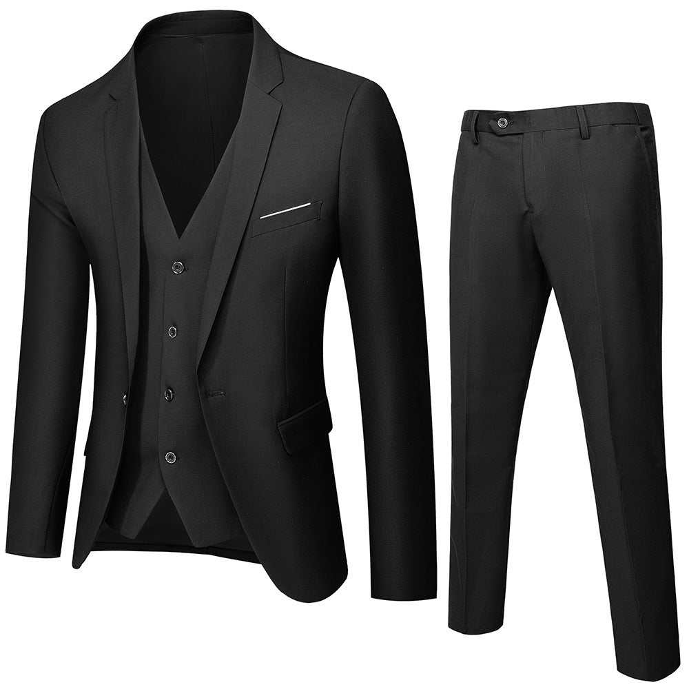 Slim fit black mens suit set with blazer, vest, and trousers in Korean style cotton fabric