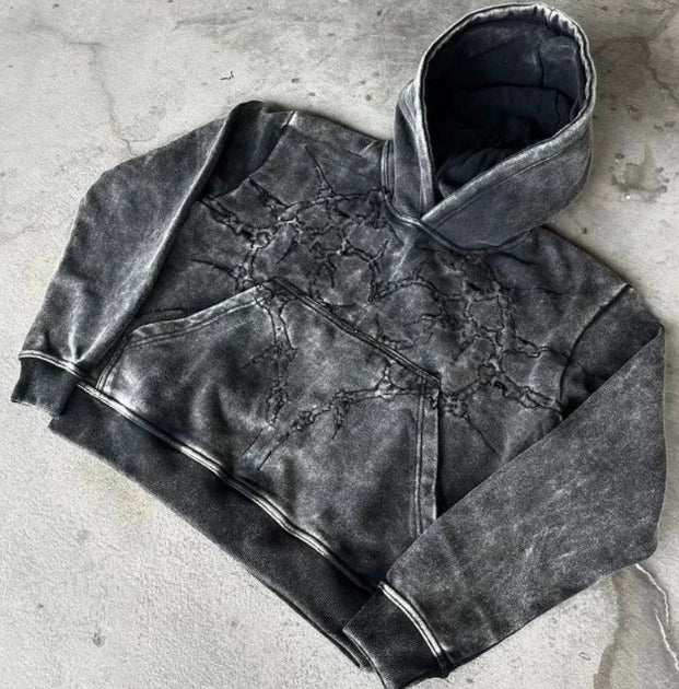 Casual Letter Explosion Print men's black and gray hoodie with a relaxed fit and adjustable drawstring hood.