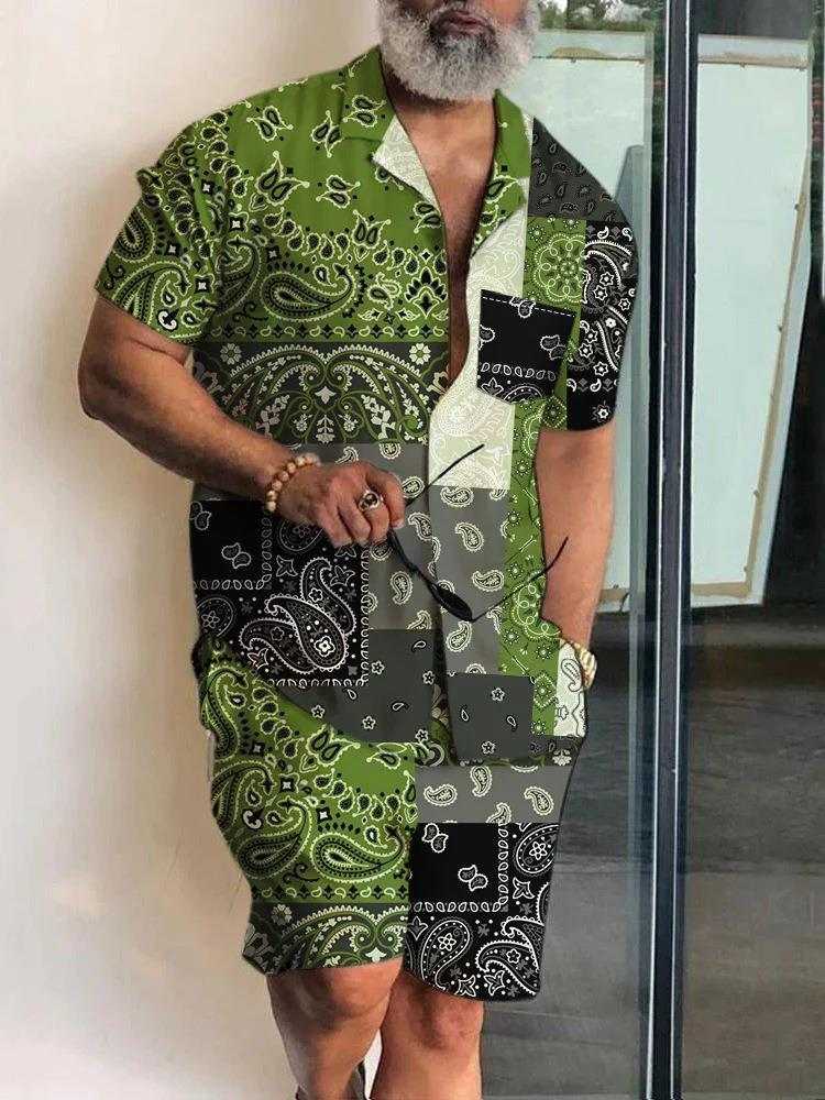 Short Sleeve men's polo collar shirt with green and black 3D printed floral and paisley patterns, slim-fit and lightweight for summer.