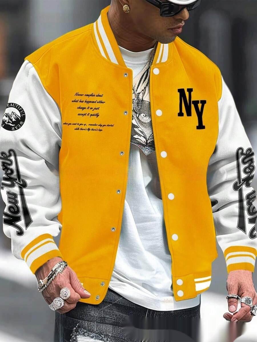 Man wearing a yellow and white baseball uniform jacket with NY lettering and New York text on sleeves