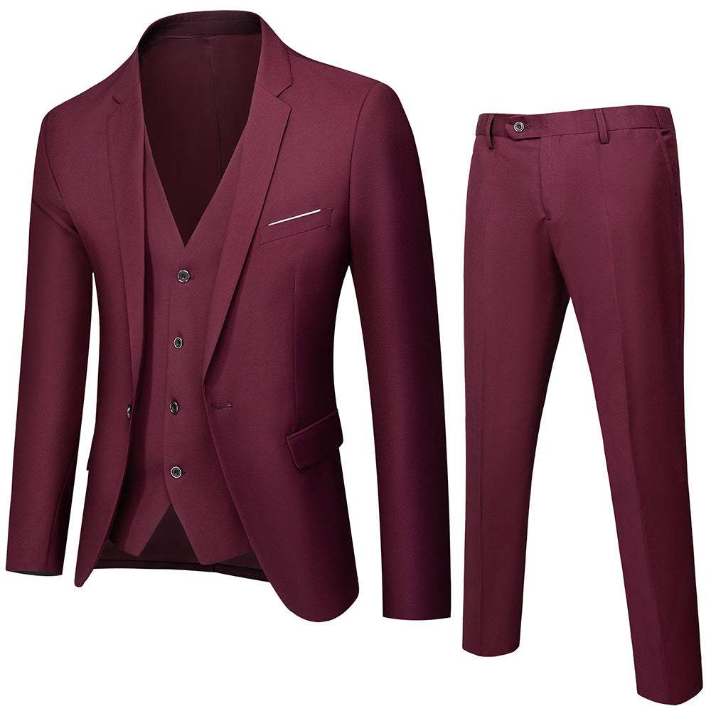 Slim fit two-piece men's suit set in burgundy cotton with Korean style tailoring