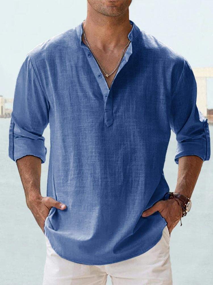 Men's linen stand-up collar long sleeve loose T-shirt in blue with rolled-up sleeves
