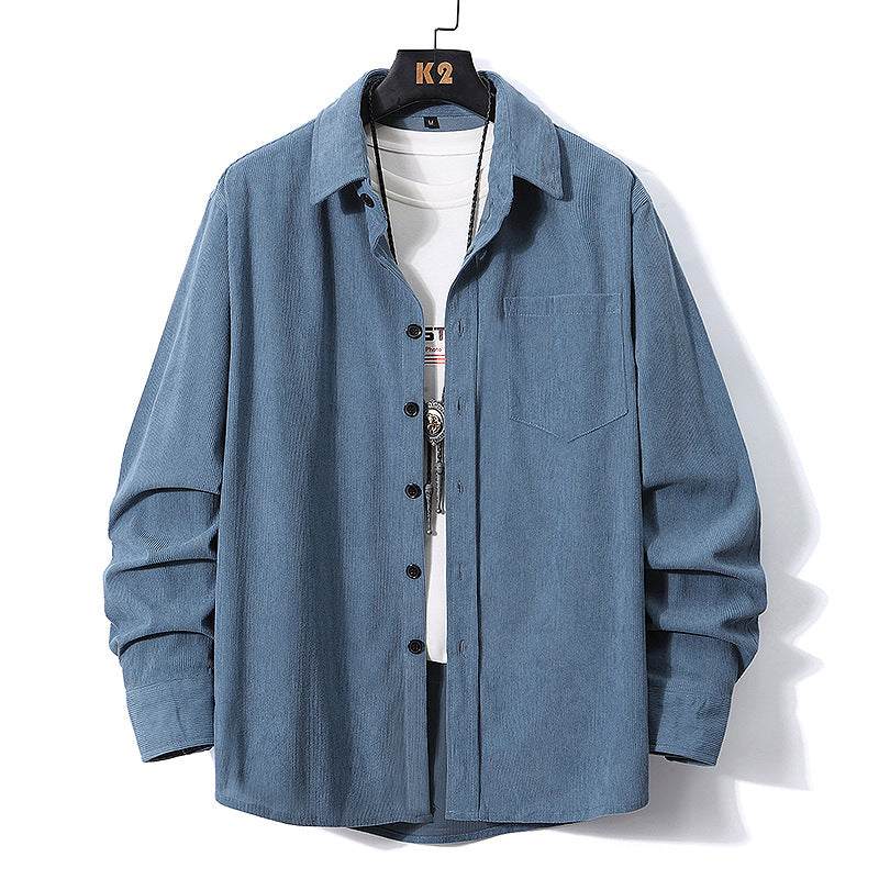 European size men's long sleeve corduroy shirt with button-down front and chest pocket in blue