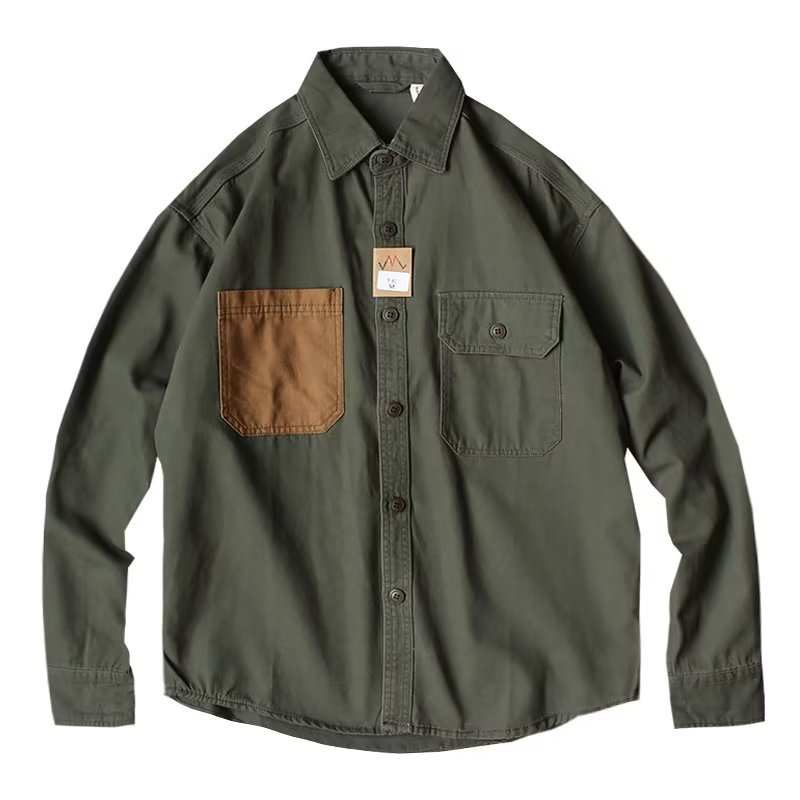 Hong Kong Style loose long sleeve shirt with green fabric and contrasting brown chest pocket in Japanese retro design