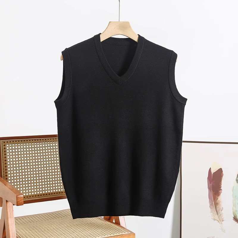 Black men's V-neck sweater vest for autumn and winter layering, soft and warm fabric with a tailored fit.