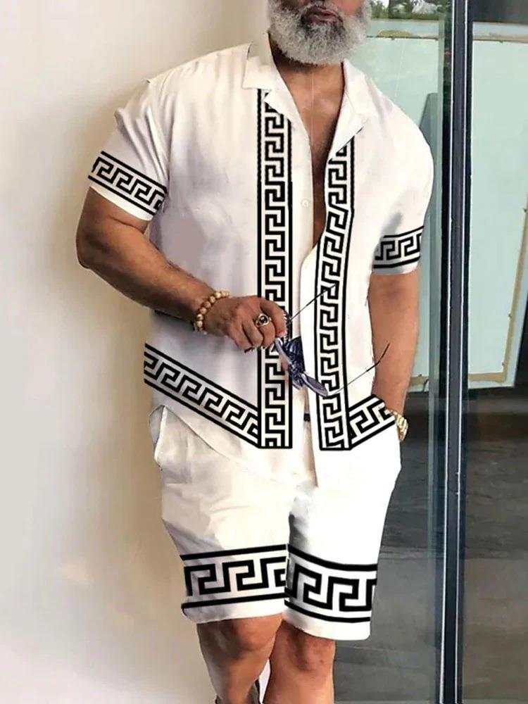 Short sleeve men's white shirt and shorts set with black geometric 3D print detailing and polo collar