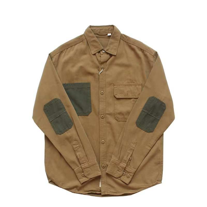 Hong Kong style long sleeve brown shirt with olive green patches and relaxed fit inspired by Japanese retro fashion