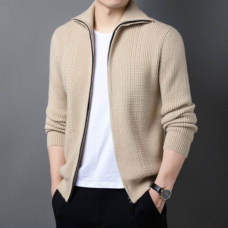 Men's casual spring and autumn outerwear sweater beige zip-up cardigan with textured knit design