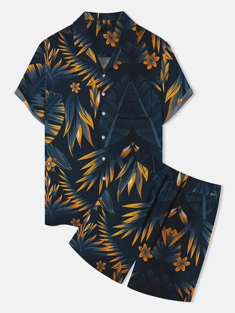 Short sleeve men's polo collar shirt and shorts set with vibrant 3D floral print and breathable fabric for summer.