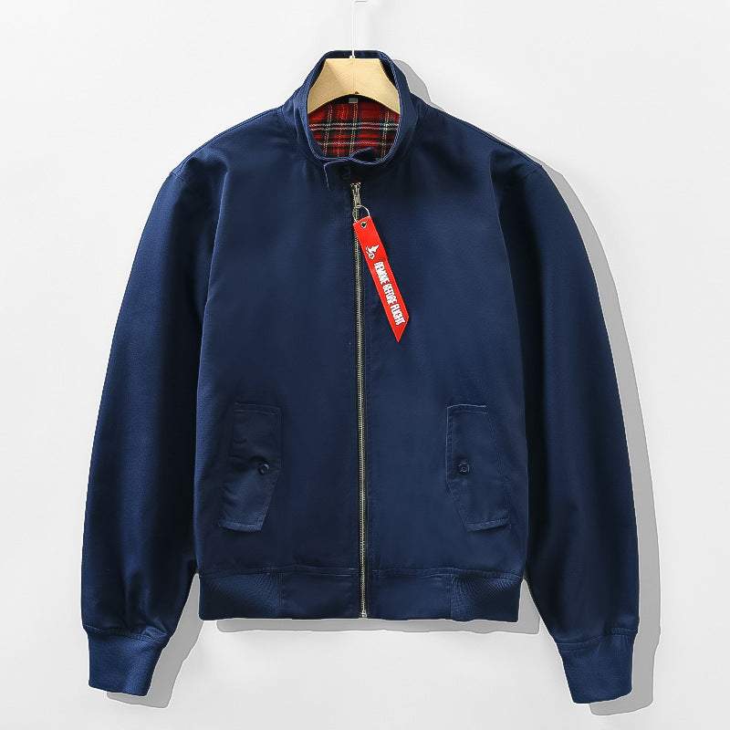 Men's European stand collar slim casual coat jacket in navy blue with front zipper and pocket details
