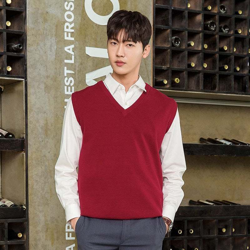 mens vest pullover in red knitwear layered over white shirt for autumn and winter casual wear