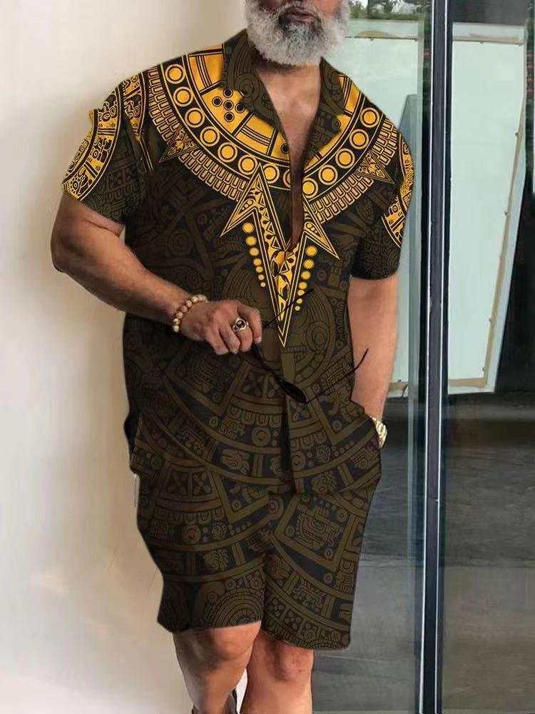 Short sleeve men's polo collar shirt and shorts set with bold 3D floral prints in brown and yellow tones