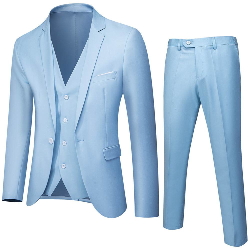 Slim fit two-piece light blue mens suit set in Korean style with cotton fabric and tailored blazer and pants.