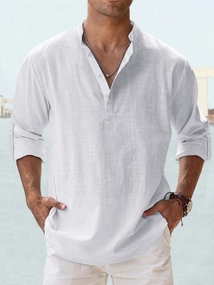 Men's linen stand-up collar long sleeve loose fit undershirt in white breathable fabric