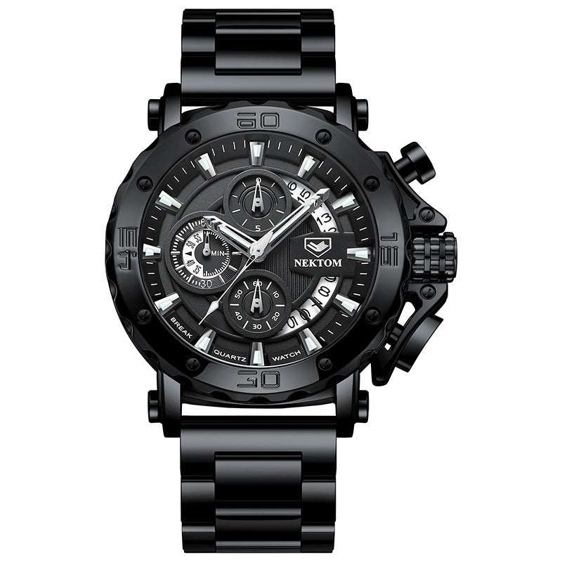 Black luminous waterproof men's quartz watch with bold design and rugged metal band