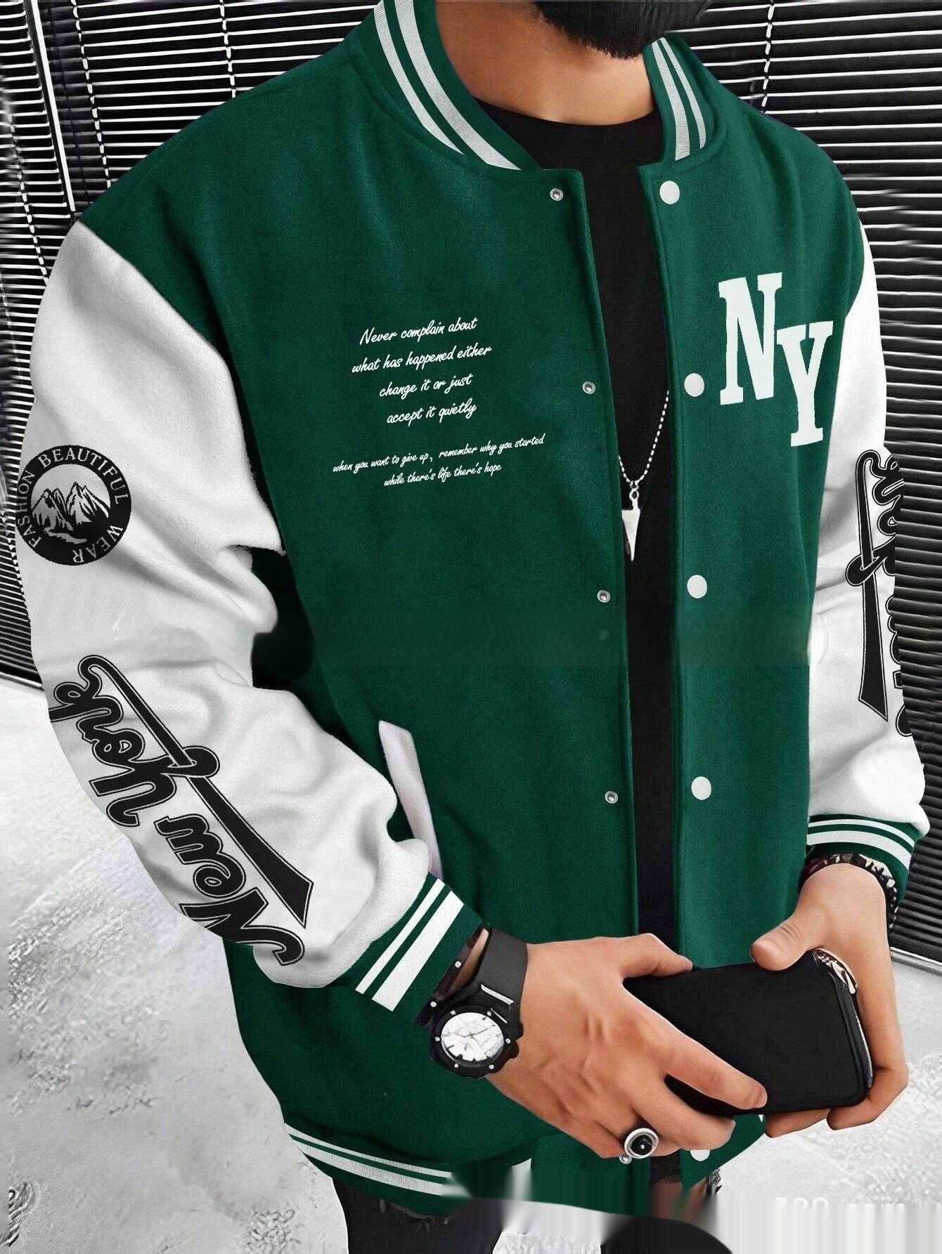 Men's green and white baseball uniform jacket with NY logo and sporty design