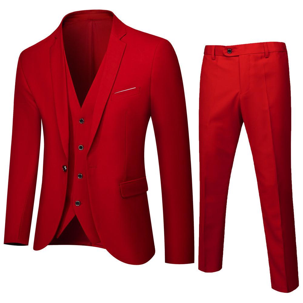 Red slim fit mens suit set with jacket, vest, and trousers in cotton fabric, inspired by Korean style.