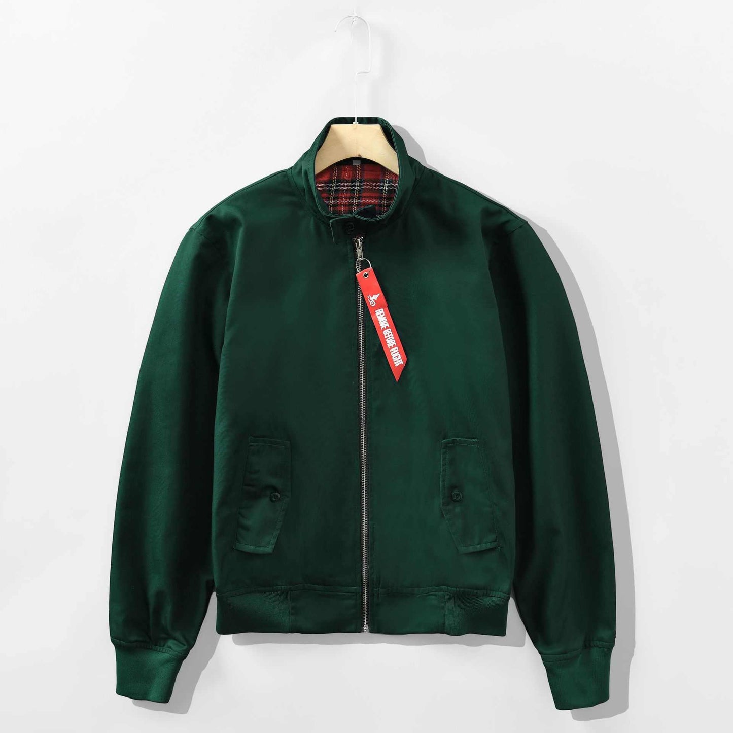 European stand collar slim casual men's coat jacket in dark green with zipper and pockets