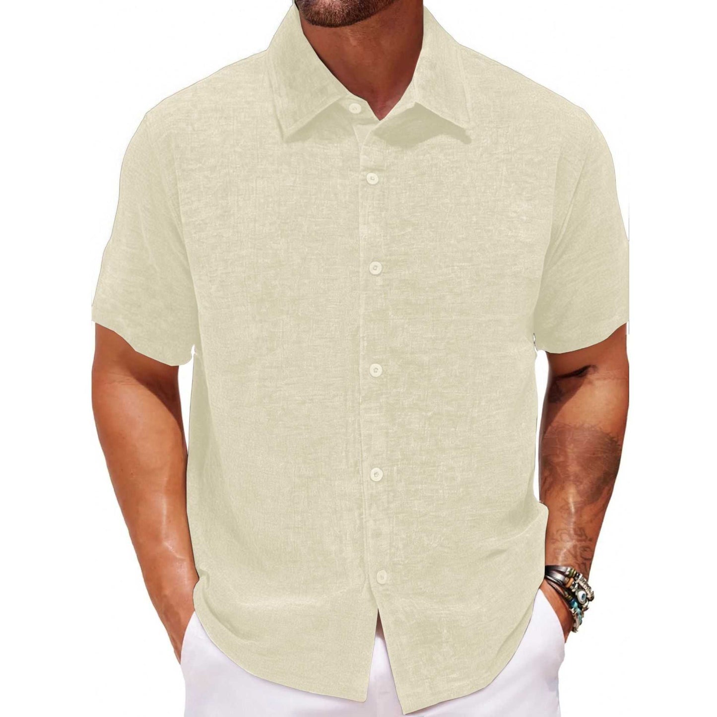 Men's casual short sleeve shirt with square collar made of gold velvet fabric in light beige color