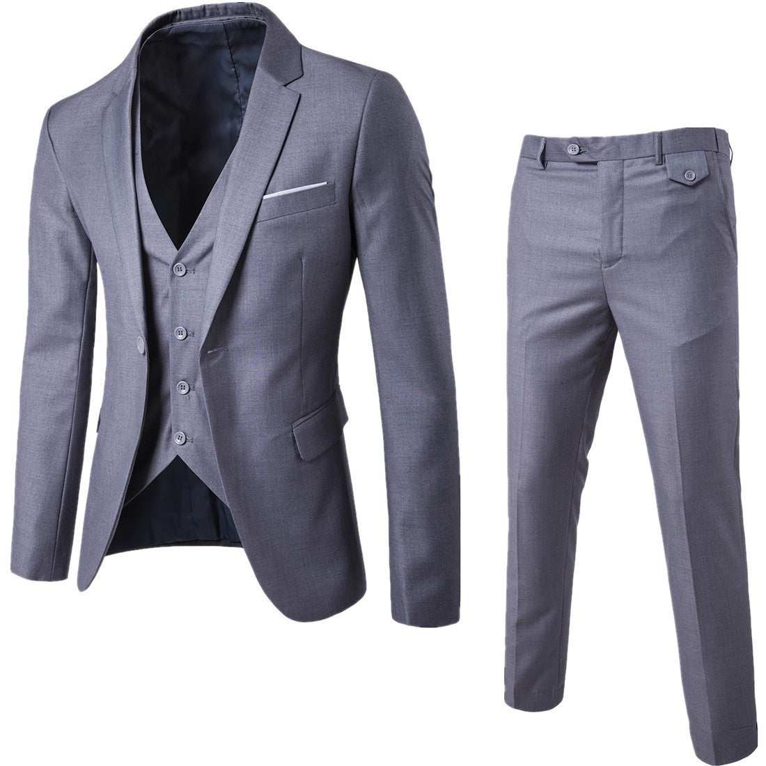 Slim fit two-piece men's suit set in gray cotton with Korean style tailored jacket, vest, and matching trousers.