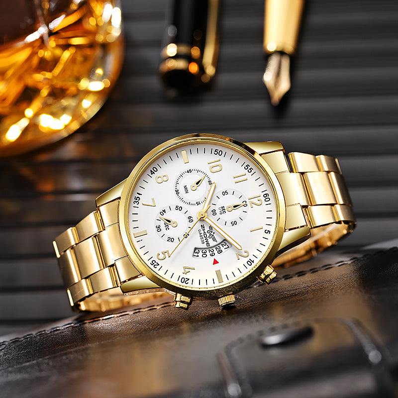 Gold multifunctional men's quartz watch with stopwatch, date display, and luminous hands