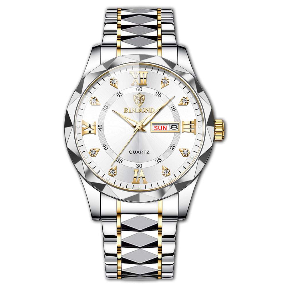 Waterproof luminous dual calendar men's watch with silver and gold stainless steel band and white dial with day and date display