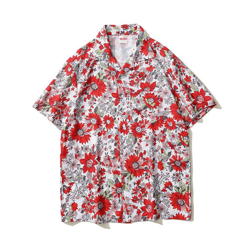Men's American Retro Classic Cuban bow tie shirt with red floral print and wide Cuban collar