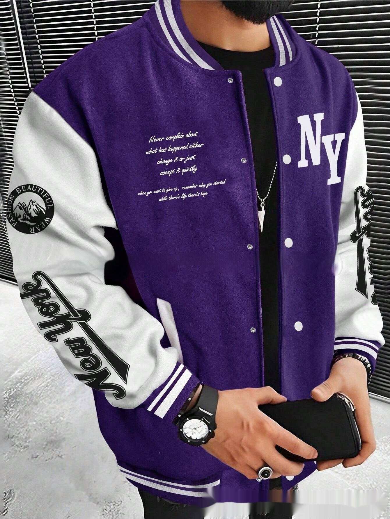 Men's purple and white baseball uniform jacket with "NY" lettering and ribbed cuffs, featuring sporty design and lightweight polyester fabric.