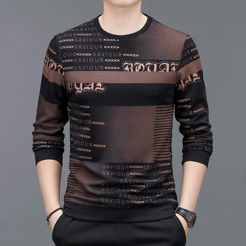 Men's stylish long sleeve sweater with abstract patterns in black and brown, perfect for spring and autumn layering