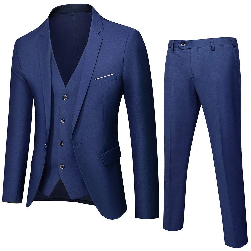 Slim fit men's two-piece navy blue suit set with jacket and trousers in breathable cotton for formal occasions.
